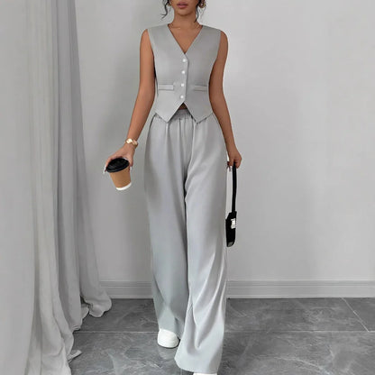 Elegant Button-front Sleeveless Vest And Trousers Set - Gizmo Galaxy