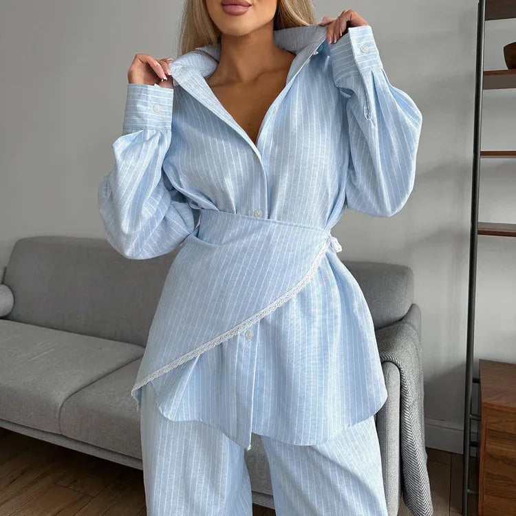 Patchwork Striped Lapel Long-sleeve Shirt Casual Wide-leg Pantsthree-piece Set - Gizmo Galaxy