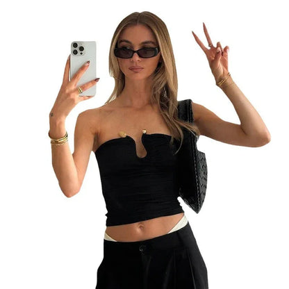 Solid Color Chest-wrapped Backless Pleated Agate T-shirt - Gizmo Galaxy