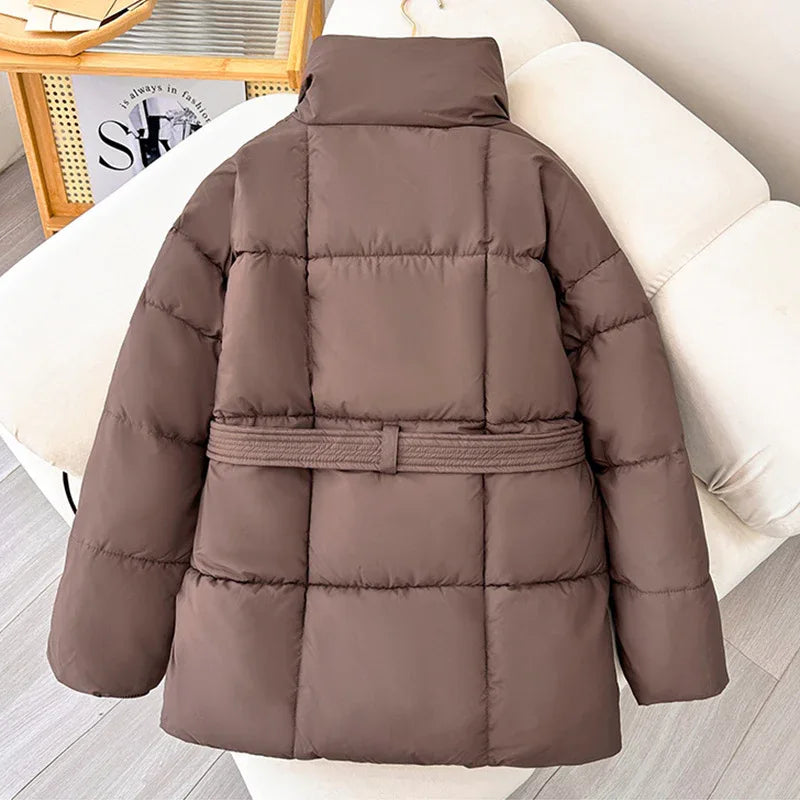 Warm Lapel Plaid Coat With Belt Design Fashion Casual Thick Jacket Fall And Winter Women's Clothing - Gizmo Galaxy