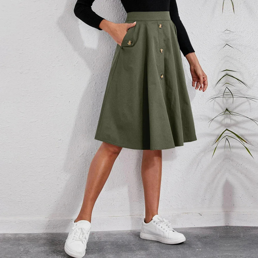 Women's Pocket Button Waist Elegant Midi Skirt - Gizmo Galaxy