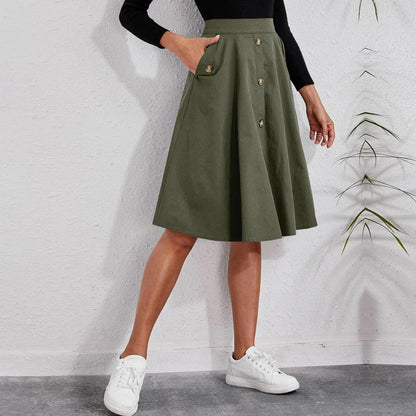 Women's Pocket Button Waist Elegant Midi Skirt - Gizmo Galaxy