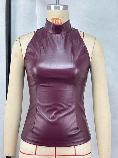 PU Leather Slim-fit Slimming Half Turtleneck Sleeveless Vest - Gizmo Galaxy