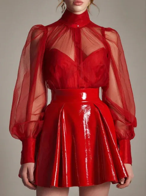 Sheer Mesh Puff Sleeve Blouse And Glossy Red Leather Mini Skirt Set - Gizmo Galaxy