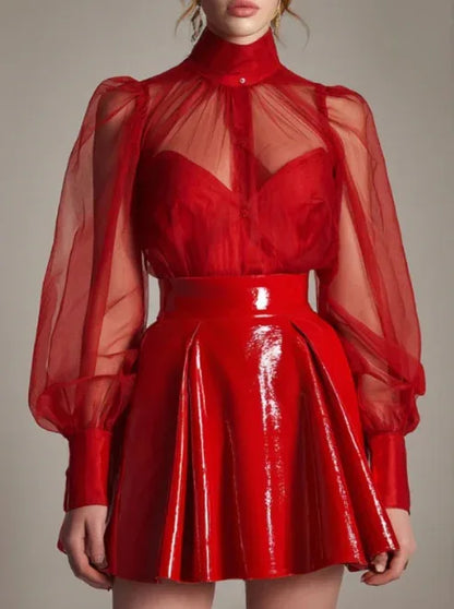 Sheer Mesh Puff Sleeve Blouse And Glossy Red Leather Mini Skirt Set - Gizmo Galaxy
