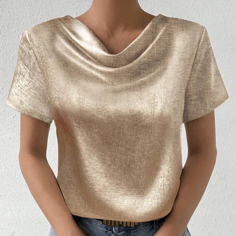 Women's Cowl Neck Short Sleeve Top, Solid Color Loose Fit Summer Office Casual Shirt - Gizmo Galaxy