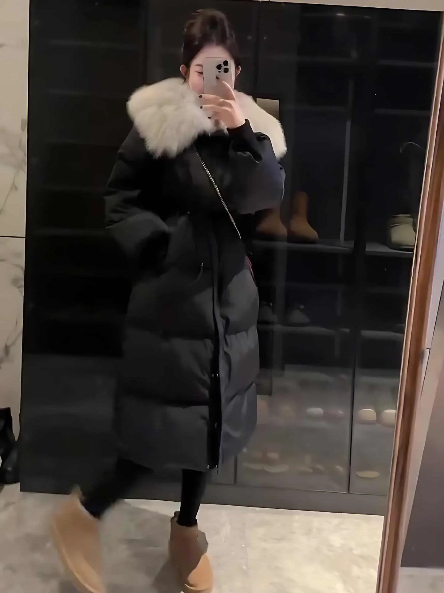 Fur Collar Overknee Long Jacket Women's Waist White Duck Down Coat - Gizmo Galaxy