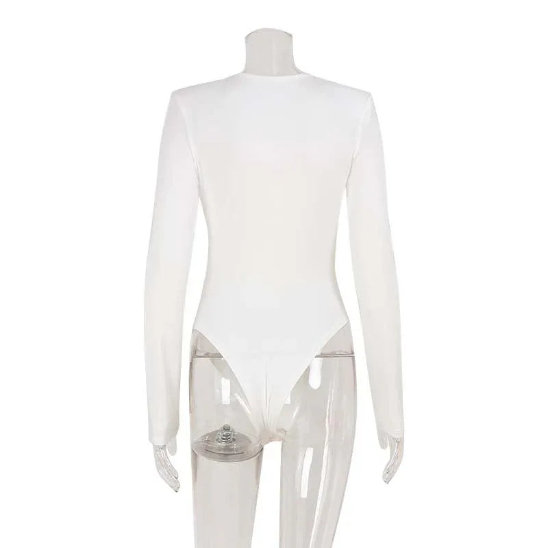 Solid Color High-end Deep V Long-sleeve Padded Shoulder High-elastic Skin-tight Slimming Bodysuit - Gizmo Galaxy