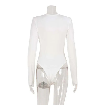 Solid Color High-end Deep V Long-sleeve Padded Shoulder High-elastic Skin-tight Slimming Bodysuit - Gizmo Galaxy