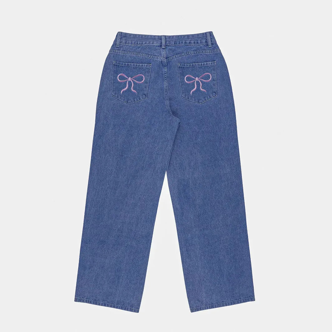 Bow-knot Embroidered Trendy Loose-fit Casual Jeans - Gizmo Galaxy
