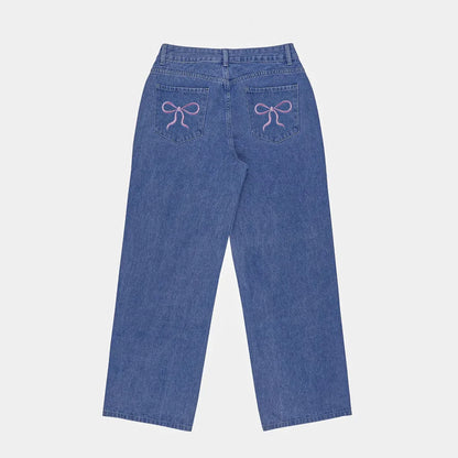 Bow-knot Embroidered Trendy Loose-fit Casual Jeans - Gizmo Galaxy