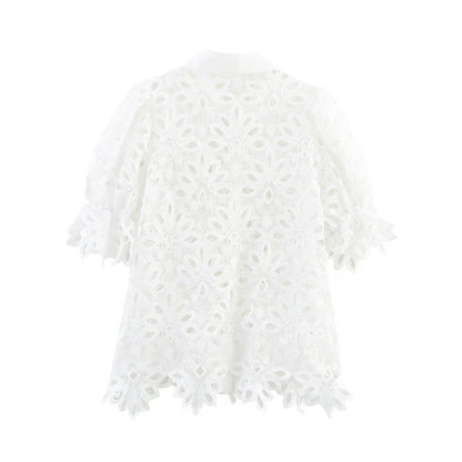 European And American Style Solid Color Water-soluble Embroidery Lapel Puff Sleeve Short Sleeve - Gizmo Galaxy