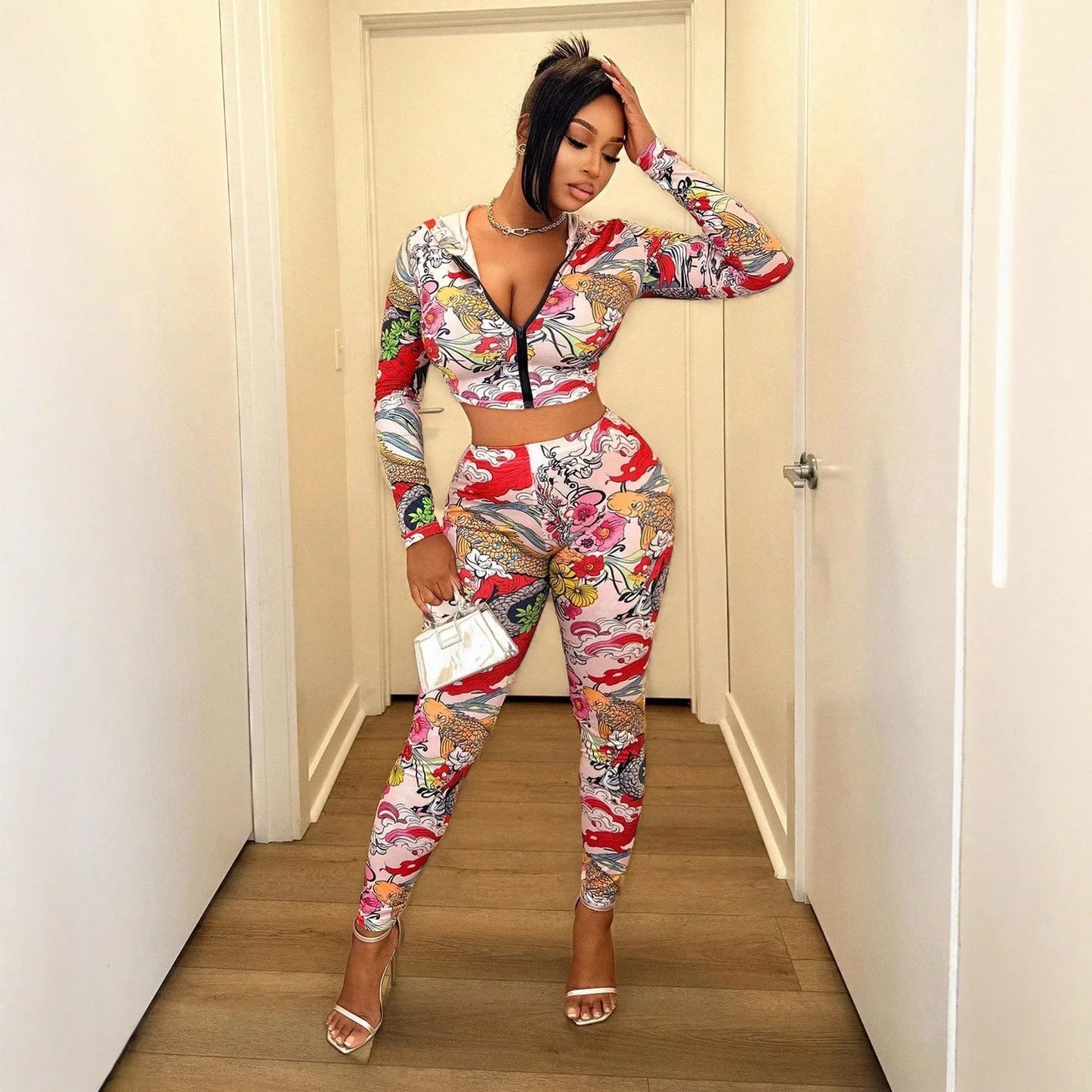 Women's Fashion Hooded Printed Top And Waist-length Sexy Pants Set - Gizmo Galaxy