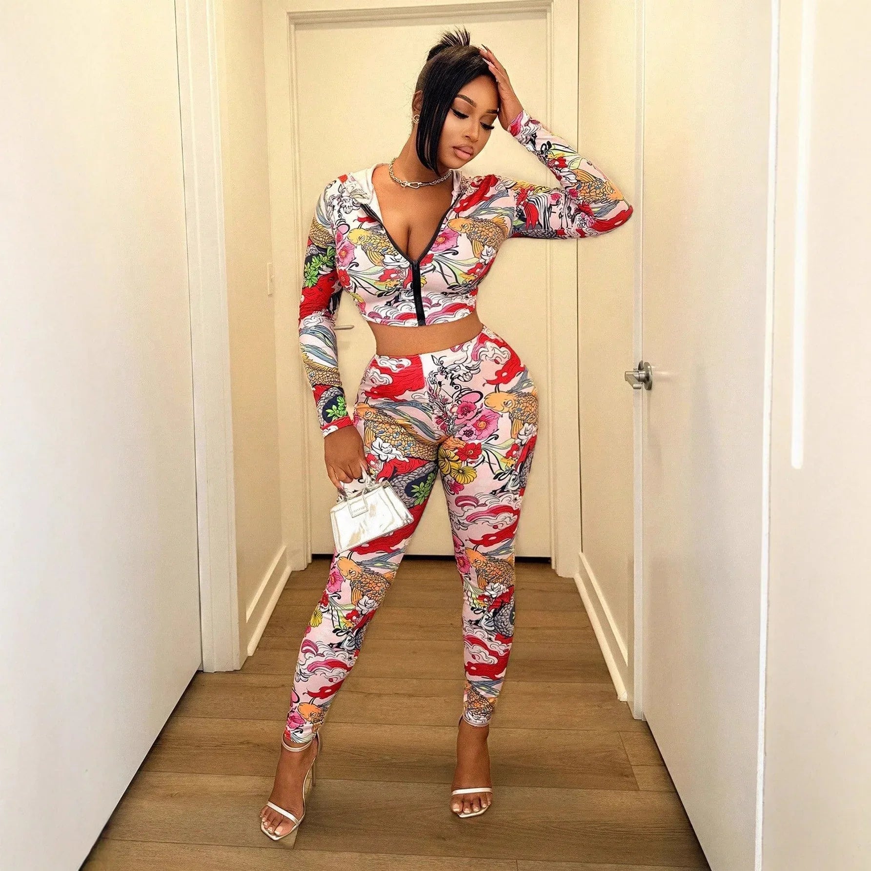 Women's Fashion Hooded Printed Top And Waist-length Sexy Pants Set - Gizmo Galaxy