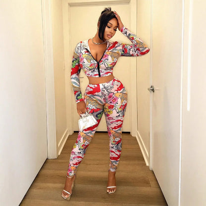 Women's Fashion Hooded Printed Top And Waist-length Sexy Pants Set - Gizmo Galaxy