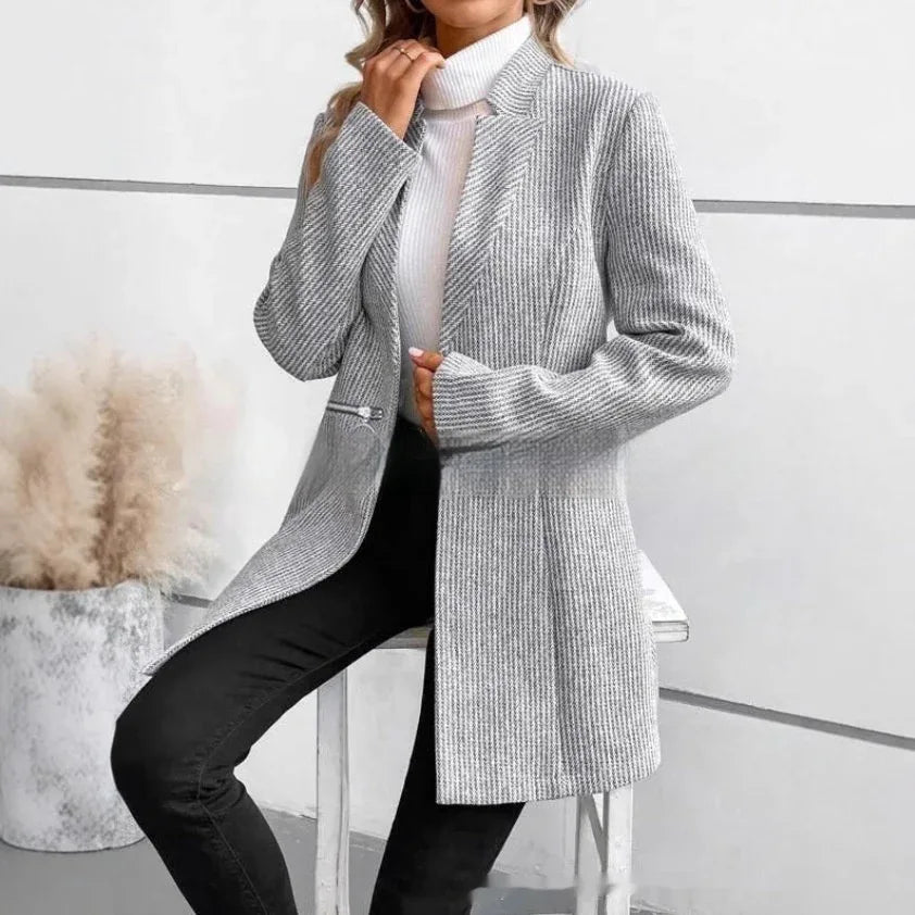 European And American Leisure Vertical Pattern Women's Woolen Jacket Zipper - Gizmo Galaxy
