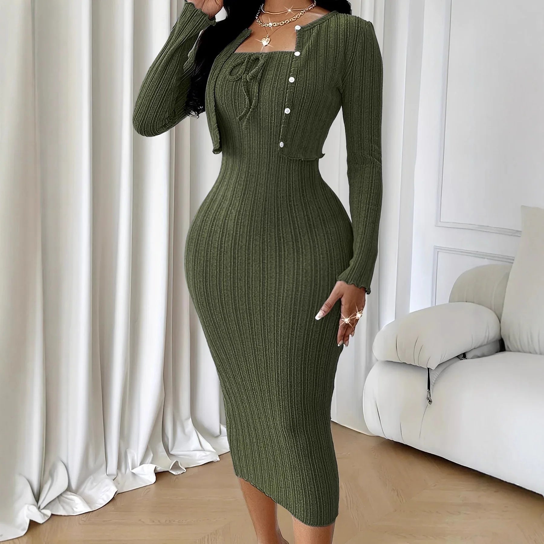Women's Solid-Color French-Style Slim-Fit Knitted Dress Set - Gizmo Galaxy