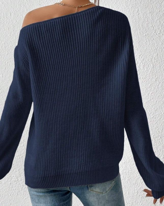 Solid Ribbed Knit Asymmetrical Shoulder Sweater,Long Sleeve Tops - Gizmo Galaxy
