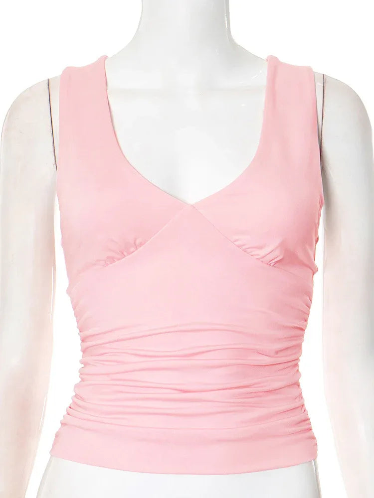 European And American Solid Color And V-neck Pleated Sexy Vest Top For Women - Gizmo Galaxy