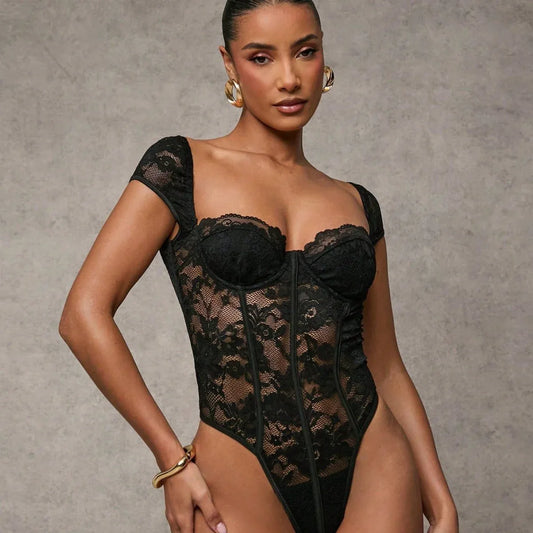 Sexy Short-sleeved Black Square-neck Bodysuit Sheer - Gizmo Galaxy