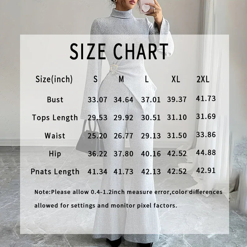 Womens 2 Piece Outfits Turtleneck Matching Lounge Set Flare Sleeve Asymmetrical Top & Wide Leg Pants - Gizmo Galaxy
