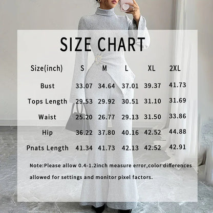 Womens 2 Piece Outfits Turtleneck Matching Lounge Set Flare Sleeve Asymmetrical Top & Wide Leg Pants - Gizmo Galaxy