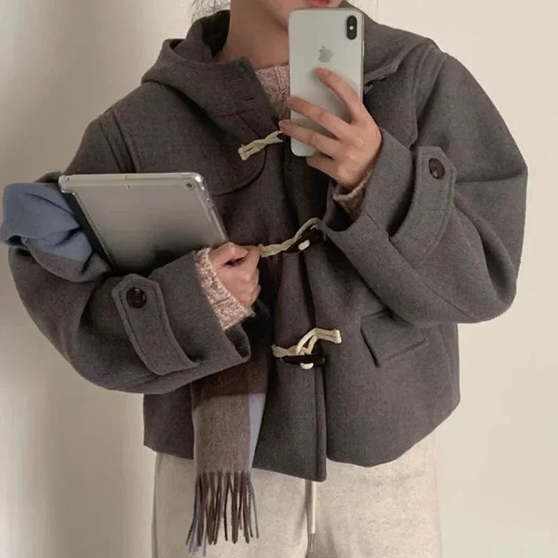 All-matching Short Hooded Long-sleeved Woolen Coat Women - Gizmo Galaxy