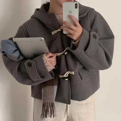 All-matching Short Hooded Long-sleeved Woolen Coat Women - Gizmo Galaxy