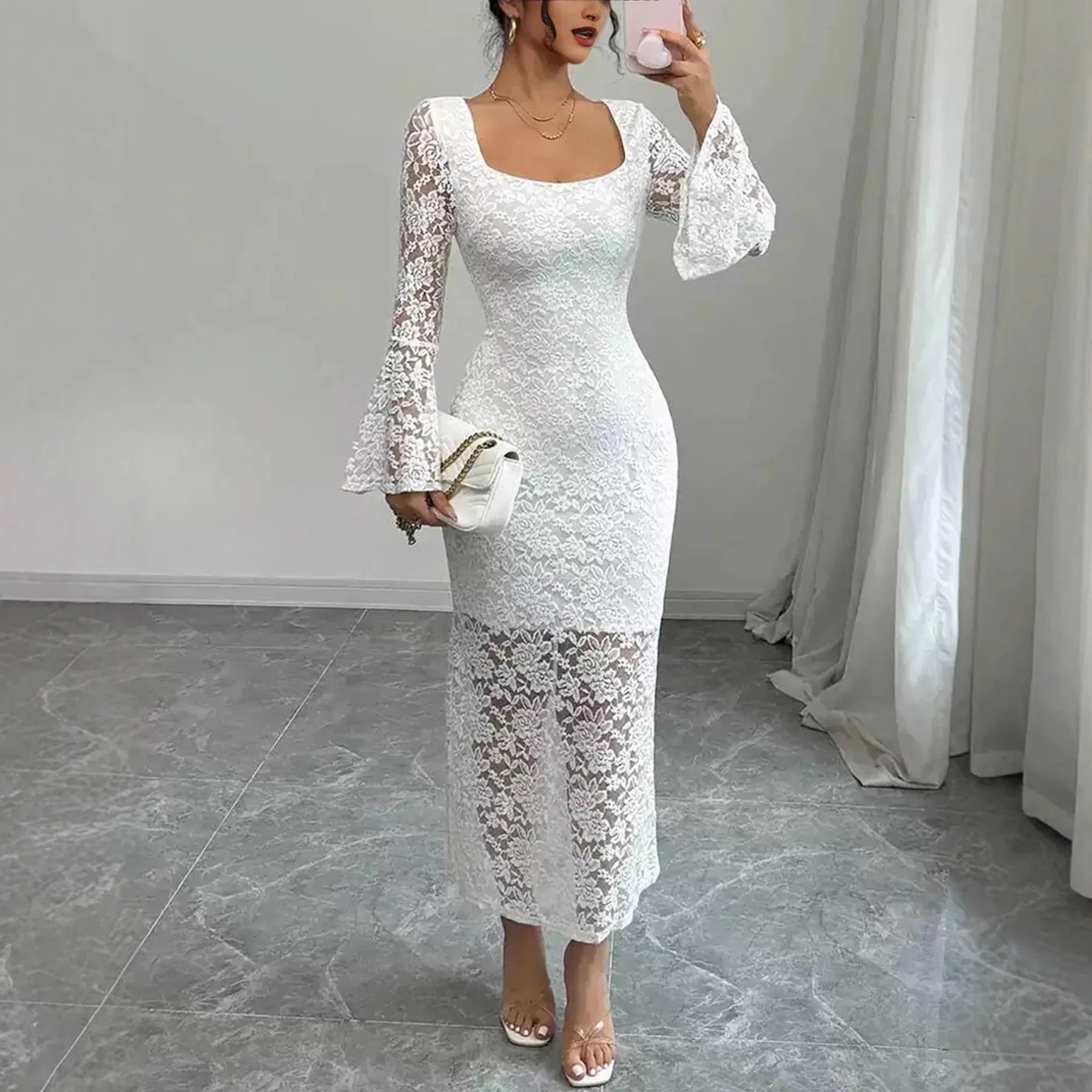Fashionable Lace-Patchwork Square-Neck Flared-Sleeve Bodycon Dress - Gizmo Galaxy
