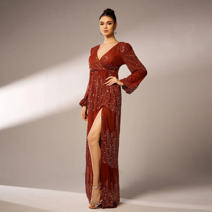 Long Sleeve V-neck Sexy Long Sequined Evening Dress - Gizmo Galaxy