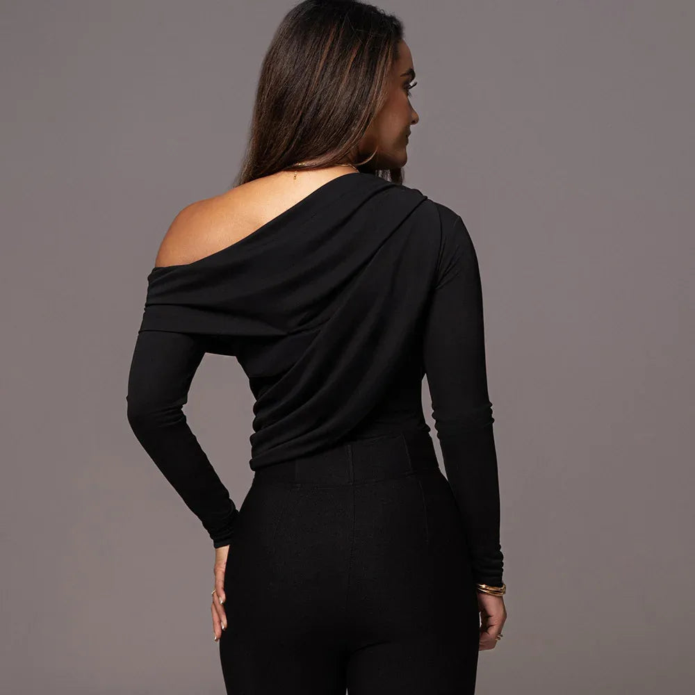 Off-the-shoulder Diagonal Neckline Fitted Long-sleeve Ruffled Bodysuit - Gizmo Galaxy