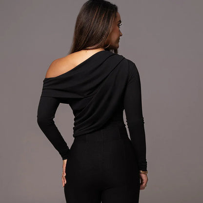 Off-the-shoulder Diagonal Neckline Fitted Long-sleeve Ruffled Bodysuit - Gizmo Galaxy