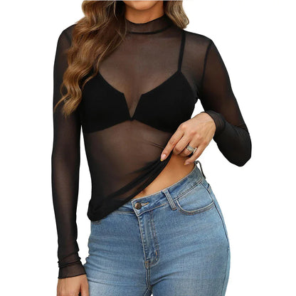 Women's Semi High Neck Sheer Long Sleeve TShirt Sexy Y2K Mesh Top - Gizmo Galaxy