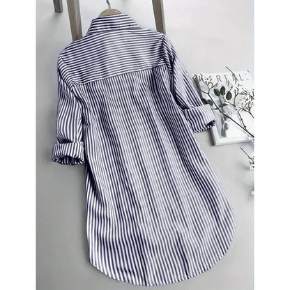 Women Oversized Button Down Striped Shirts Casual Long Sleeve Boyfriend Blouse Top - Gizmo Galaxy