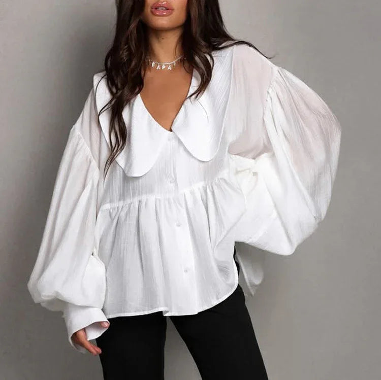 Puff-sleeve Ruffled Long-sleeve Shirt - Gizmo Galaxy