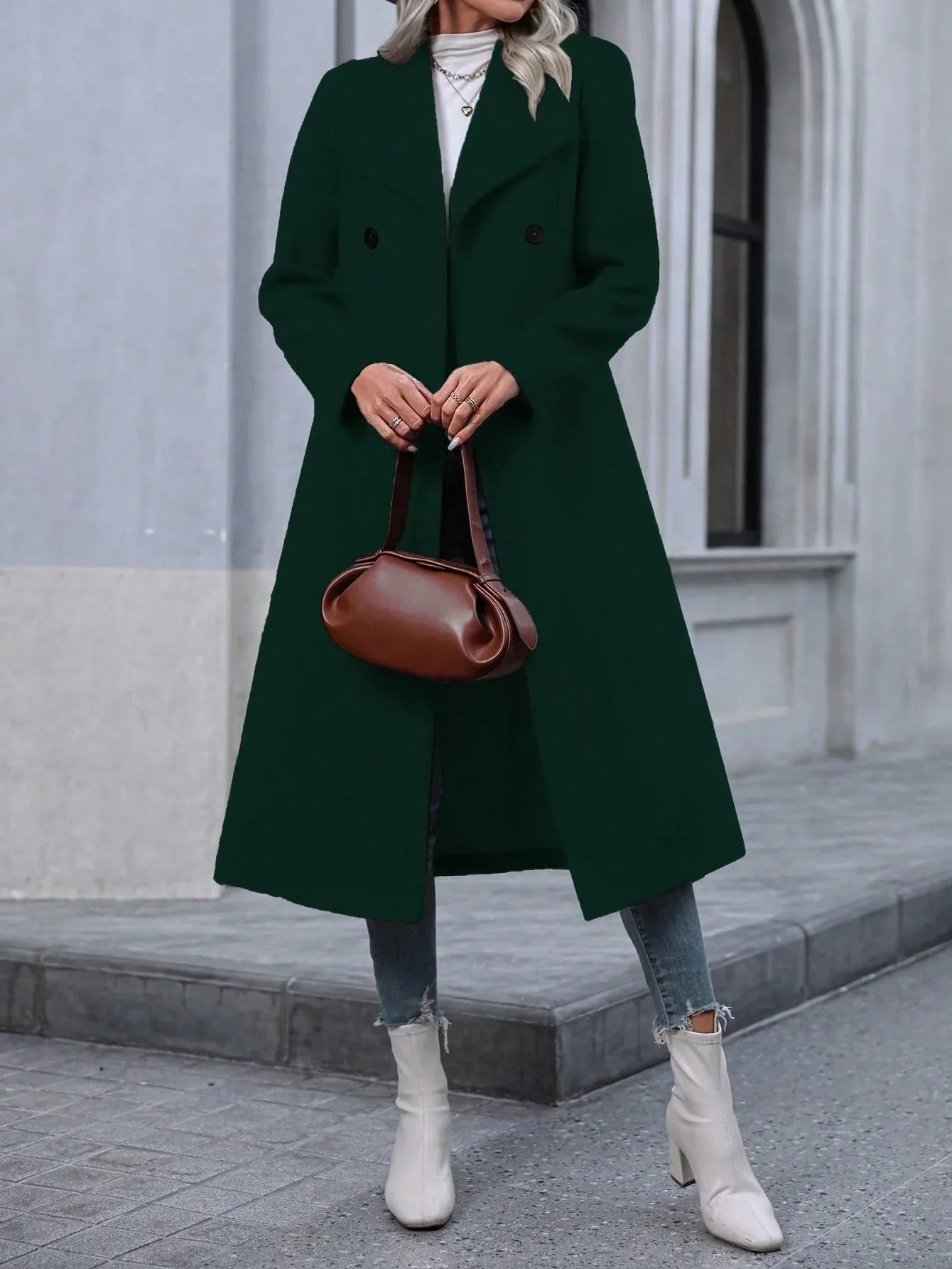 Autumn And Winter Long Coat For Women, Minimalist And Fashionable, Elegant For Commuting, Double-breasted Long-sleeve Faux Wool Long Women's Coat. - Gizmo Galaxy