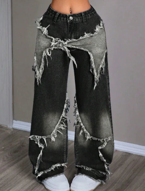 Retro Star Patchwork Heavy Wash Women's Jeans - Gizmo Galaxy