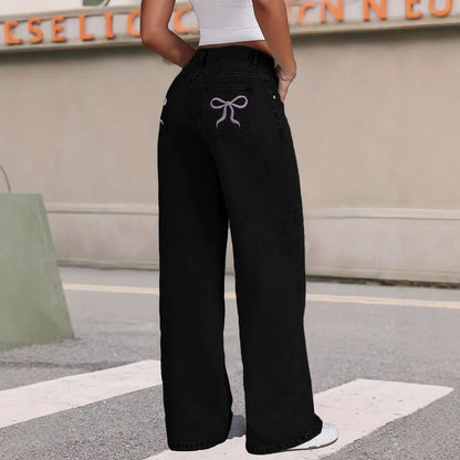 Bow-knot Embroidered Trendy Loose-fit Casual Jeans - Gizmo Galaxy