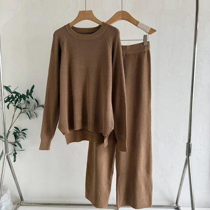 Women's Loose Knitted Long-Sleeve Crew-Neck Fashionable Wide-Leg Pants Two-Piece Set - Gizmo Galaxy