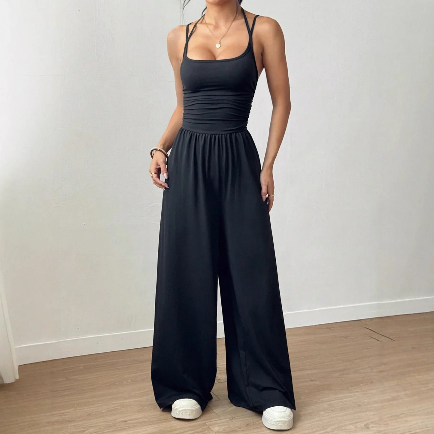 Black Camisole Waist Wide Leg Jumpsuit - Gizmo Galaxy
