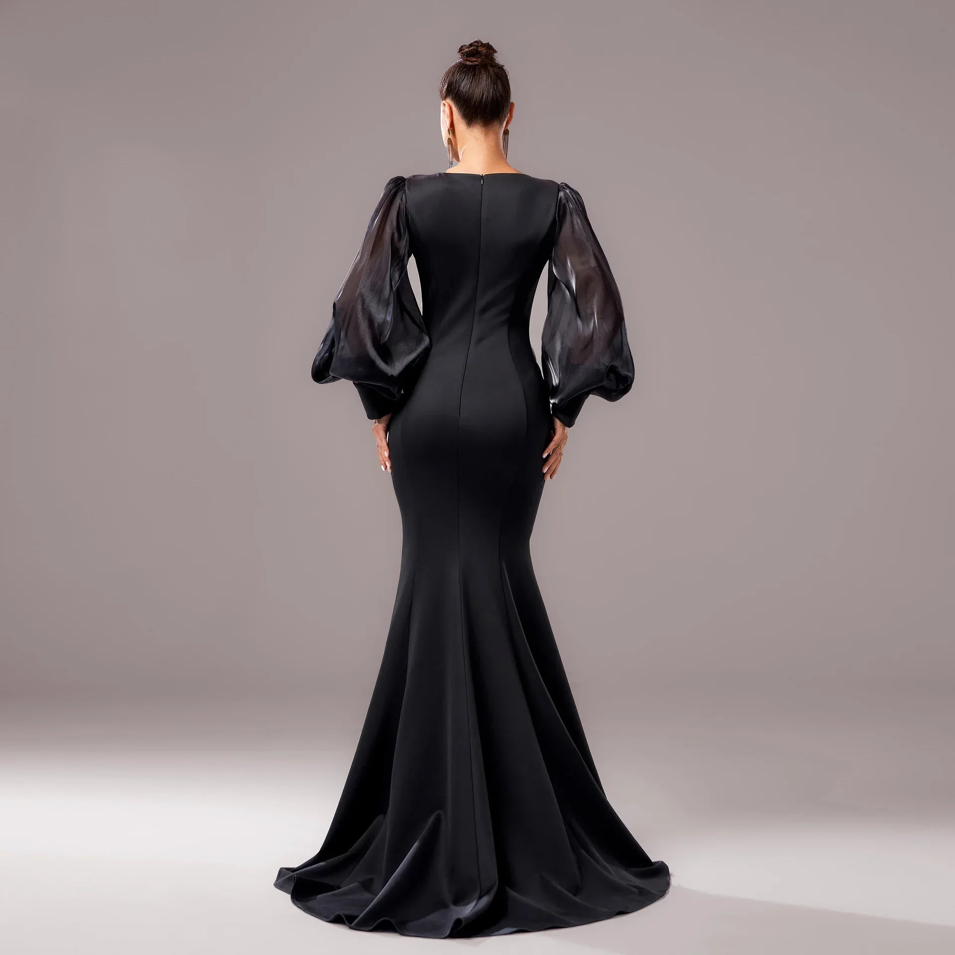 Long Sleeve Round Neck Banquet Applique Sheath Fishtail Dress - Gizmo Galaxy