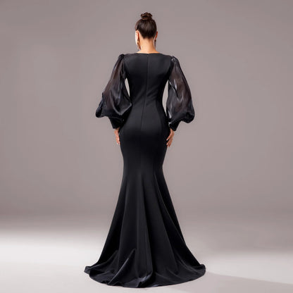 Long Sleeve Round Neck Banquet Applique Sheath Fishtail Dress - Gizmo Galaxy