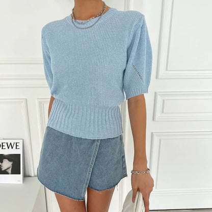 Women's Short Sleeve Bubble Sleeve Ice Cool Silk Knitted Shirt - Gizmo Galaxy