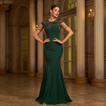 Elegant Sleeveless Round Neck Sequins Slim-fit Sheath Banquet Fishtail Evening Dress - Gizmo Galaxy