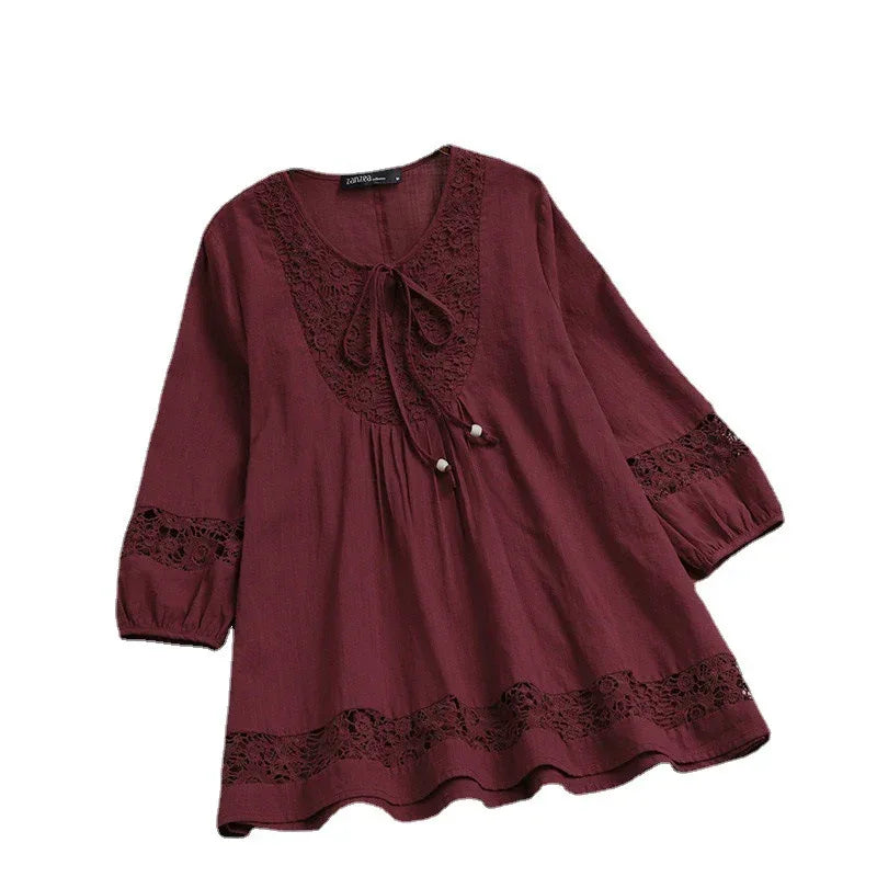 New Spring Autumn Cotton Hemp Splicing Lace Style Three Quarter Sleeve Loose Women's Top T-shirt - Gizmo Galaxy