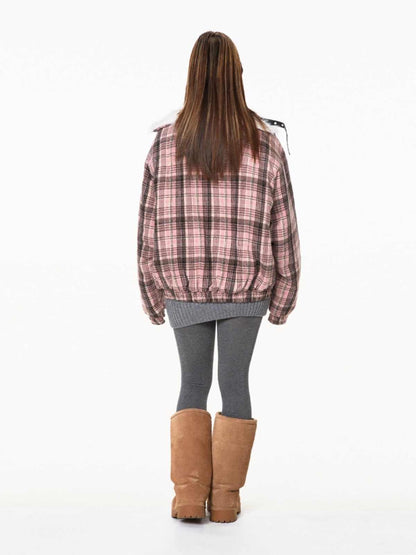 Retro Plaid Fur Collar Age-reducing Gray Loose All-match Design Cotton-padded Coat - Gizmo Galaxy