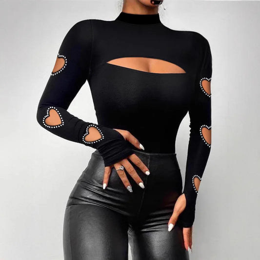 New Slim Fit Hollowed Heart Shape Long Sleeve Top Women's Clothing - Gizmo Galaxy