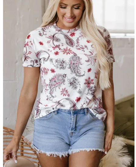 White Vintage Paisley Mock Neck T Shirt - Gizmo Galaxy