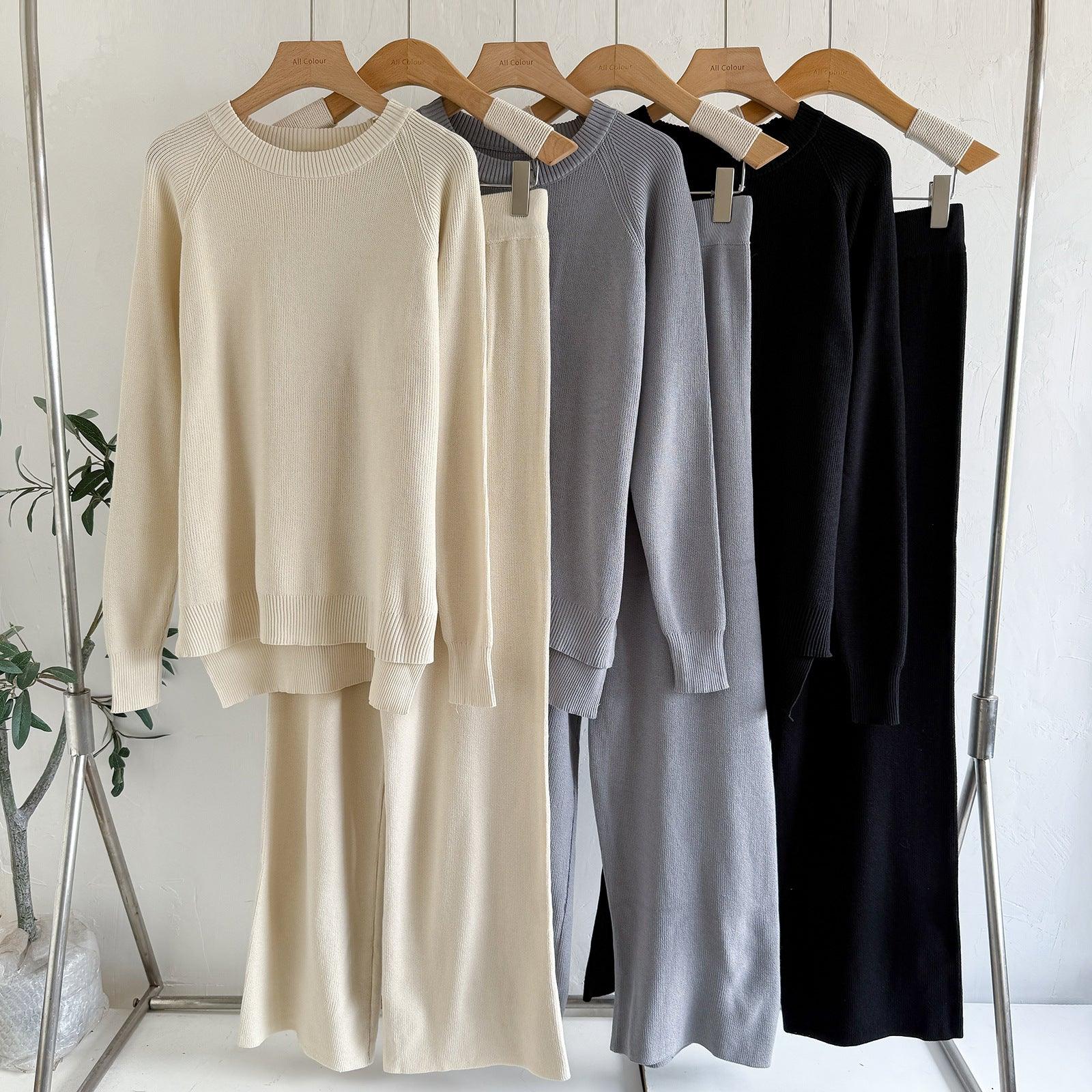 Women's Loose Knitted Long-Sleeve Crew-Neck Fashionable Wide-Leg Pants Two-Piece Set - Gizmo Galaxy