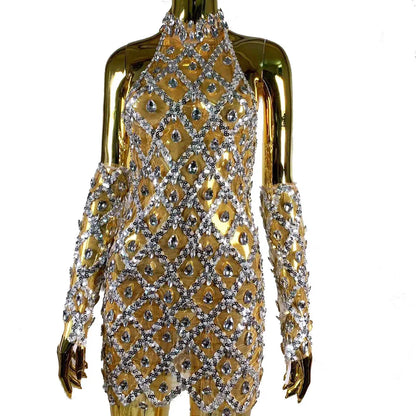 High-end Women's Heavy-duty Rhinestone Plaid Sequined Gloves Ultra-short Dress - Gizmo Galaxy